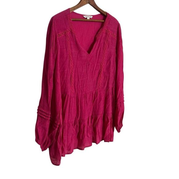 Zac & Rachel V-Neck Embroidered Tiered Long Sleeve Boho Blouse Pink Size 2X - Picture 2 of 9